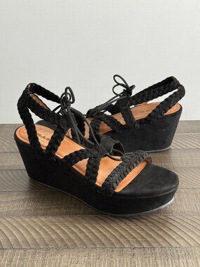 Trask Black Suede Platform Braided Wedge Lace-Up Sandals Size 11
